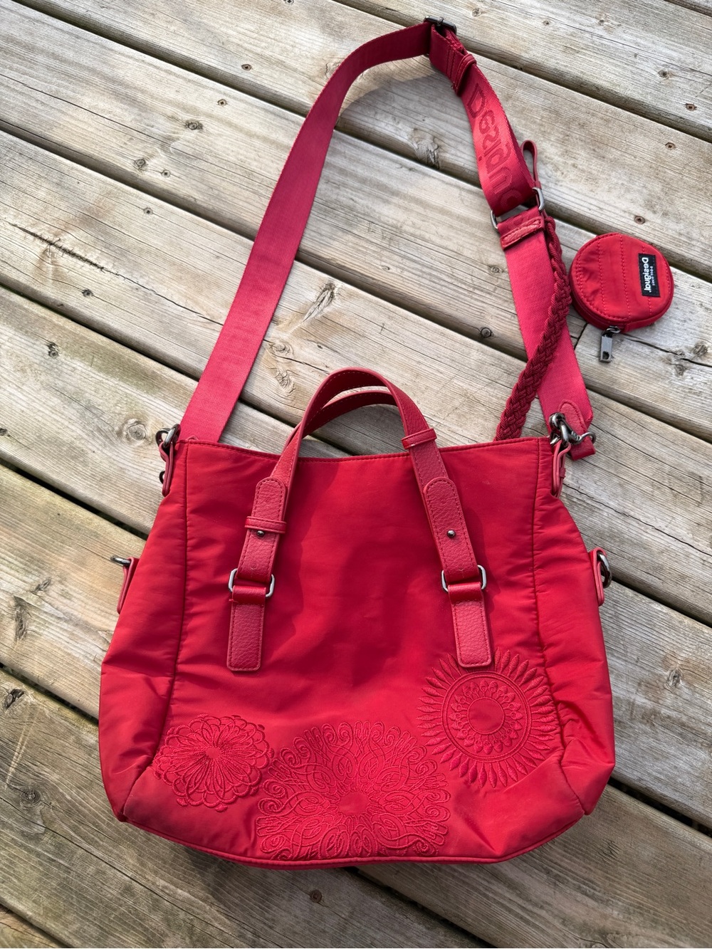 Desigual Red Embroidered Nylon Tote Bag Crossbody Purse Convertible